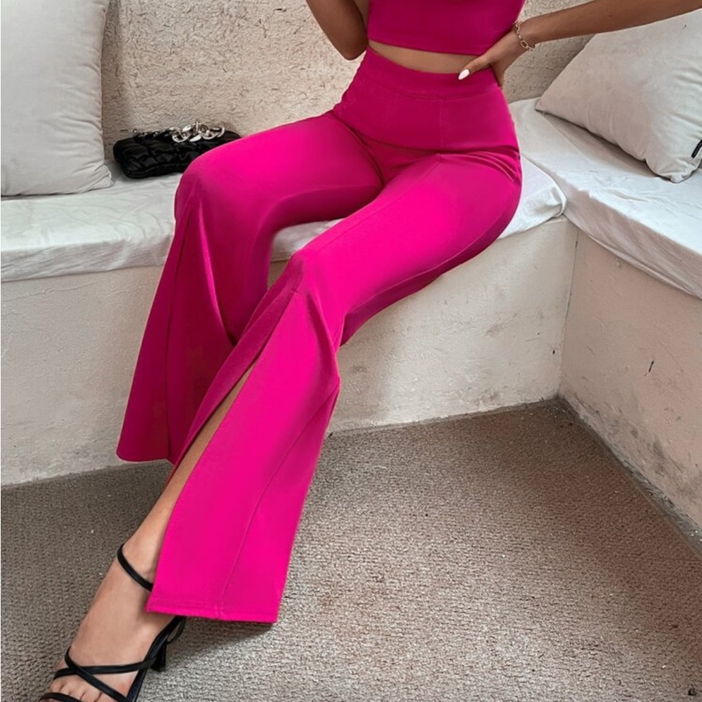 SHEIN Hot Pink High-Waist Wide Leg Split Pants